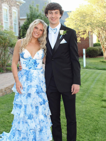 A Line Spaghetti Straps Tiered Chiffon Satin Long Prom Dress Evening Dress HZ1023
